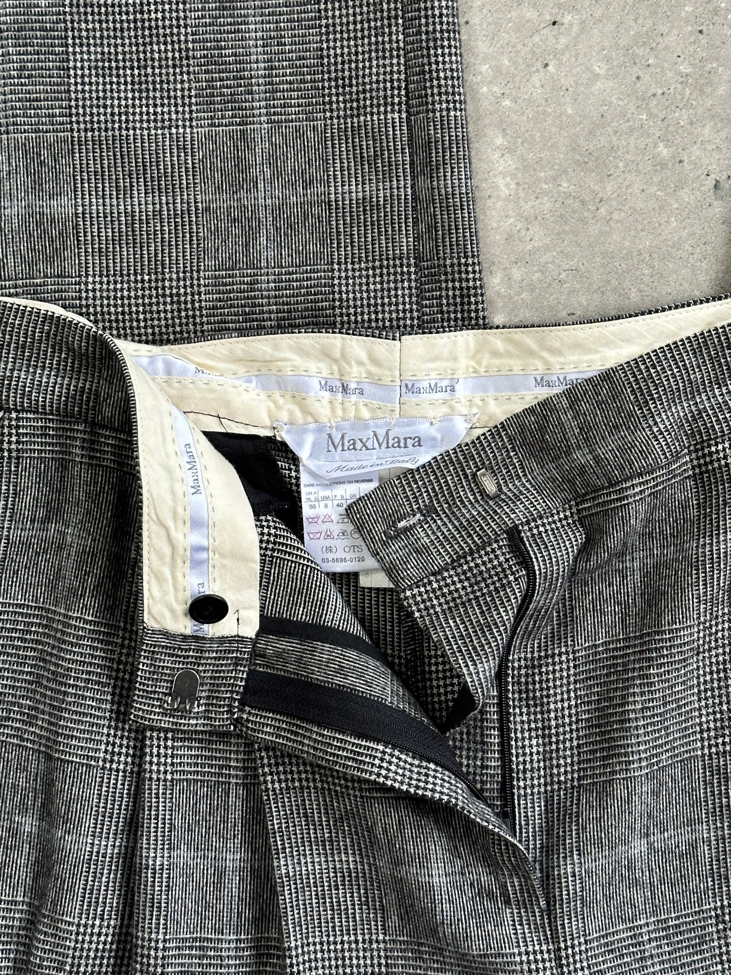 Max Mara 2000s Brushed Wool High Waisted Wide Leg Check Trousers - W28