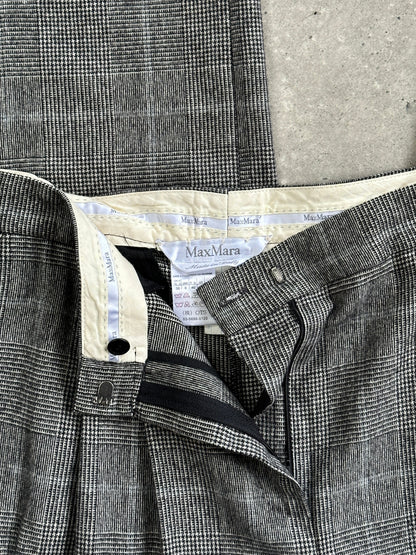 Max Mara 2000s Brushed Wool High Waisted Wide Leg Check Trousers - W28