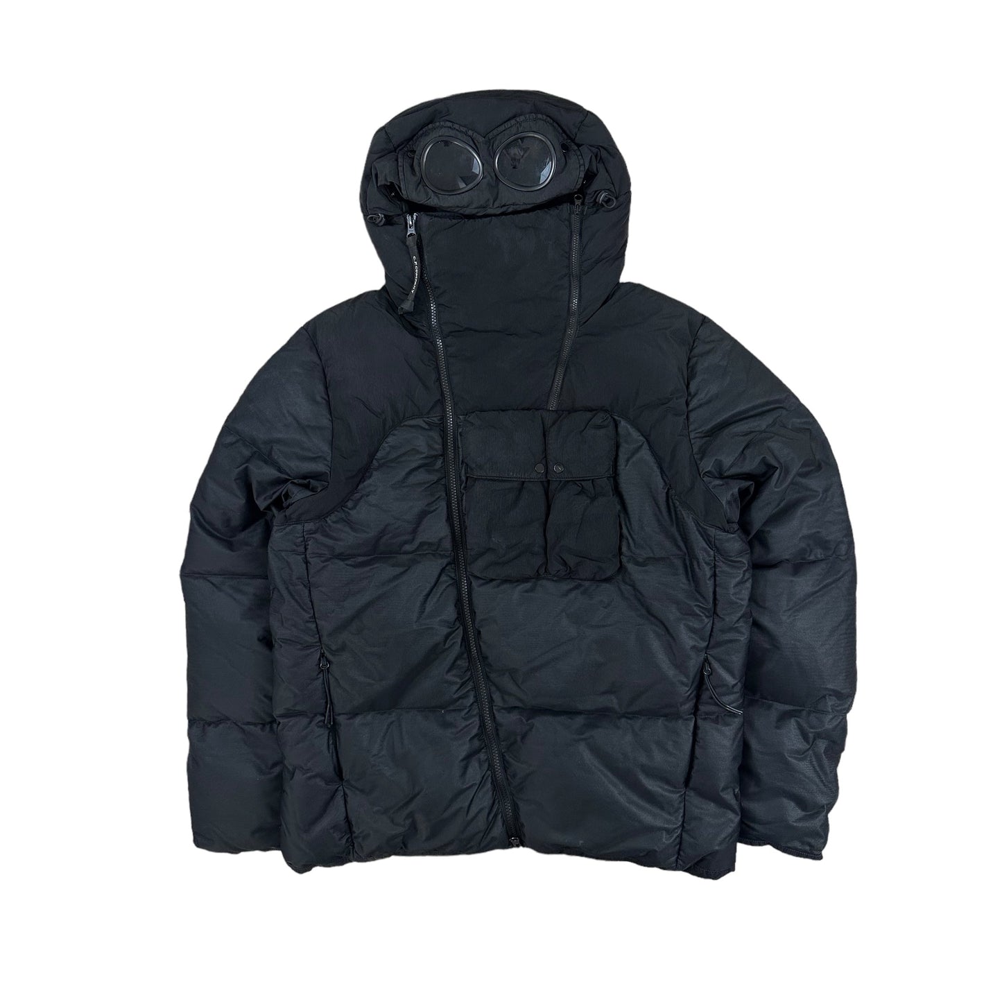 CP Company Goggle Hood Bi-Mesh Zip Up Puffer Jacket with Asymmetrical Zip