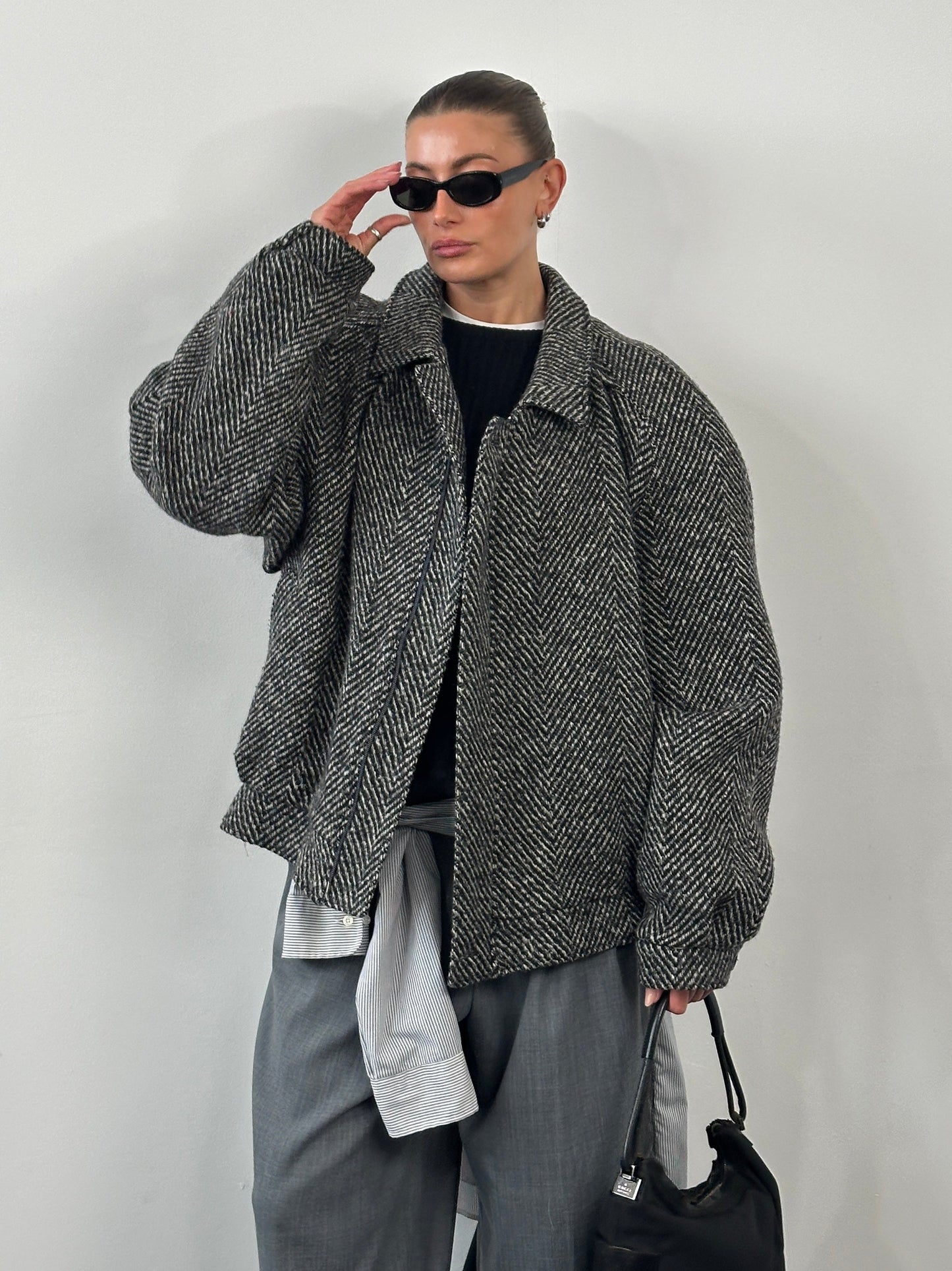 Vintage 1990s Wool Herringbone Bomber Jacket - XXL