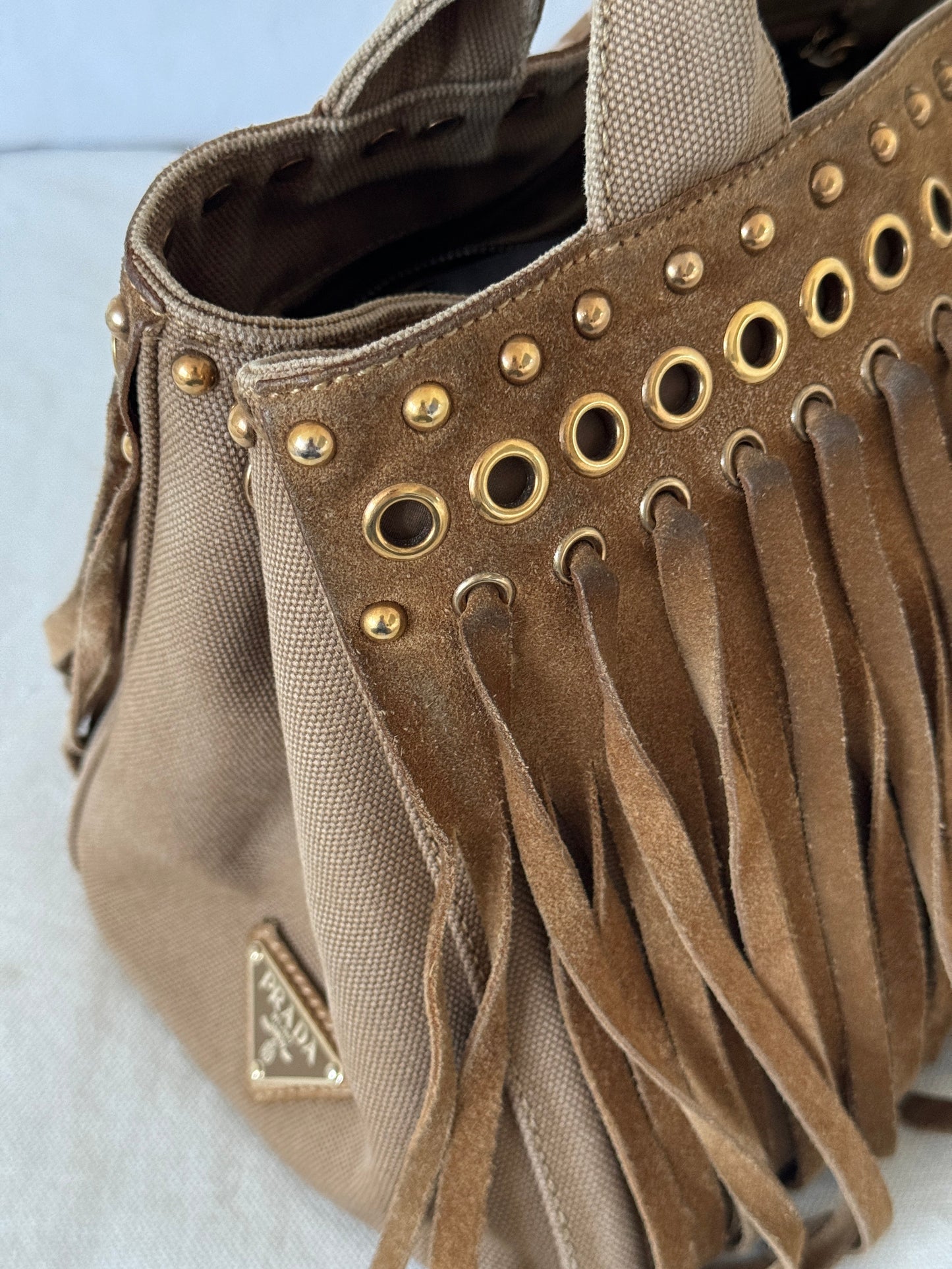 RARE 2010s Prada Grommet Suede Frill Handbag | O/S, Brown