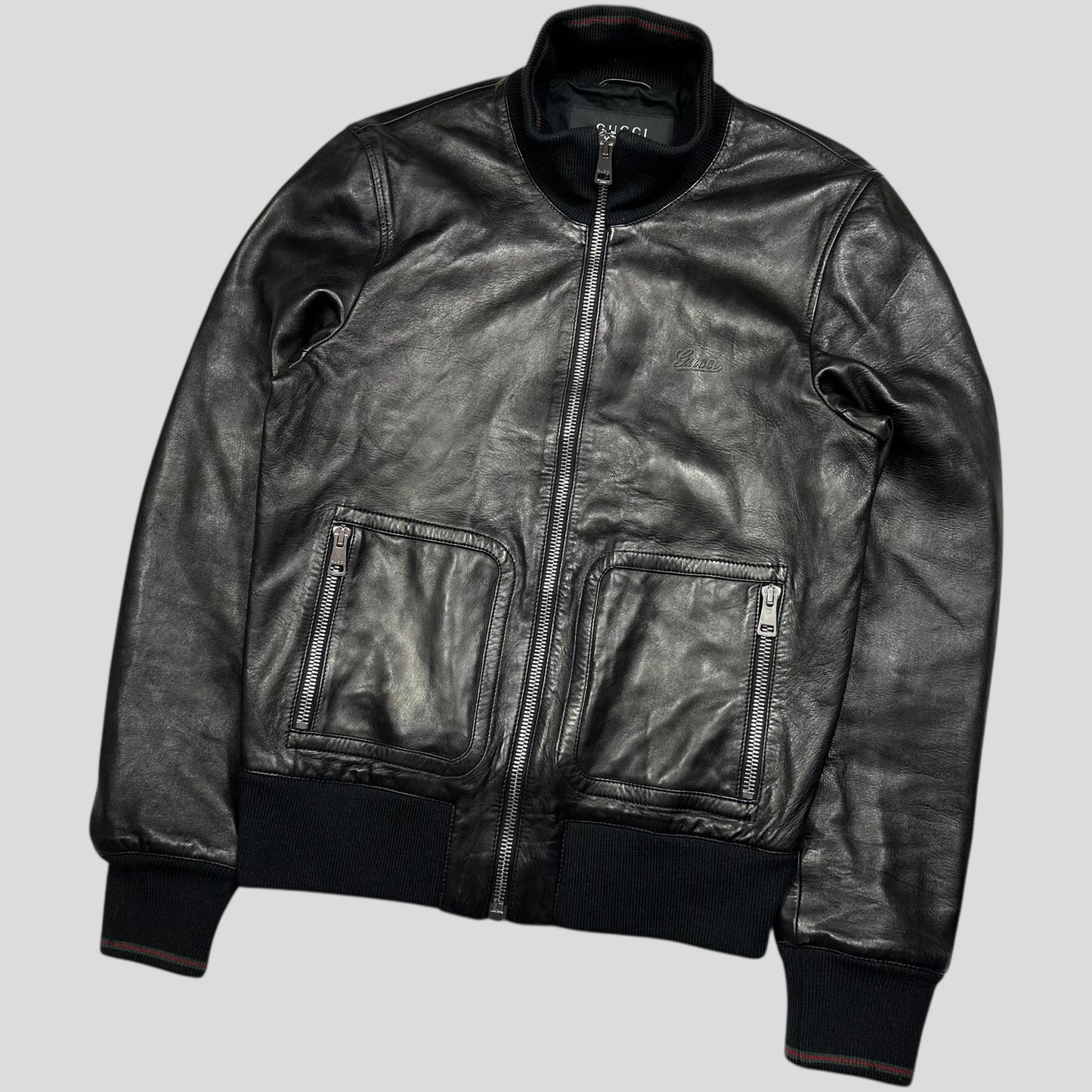Gucci Nappa Leather Logo Web Bomber Jacket - IT46 (S)
