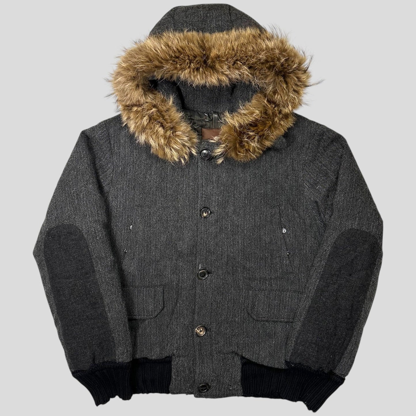 Moncler 00’s Herringbone Wool Down Detachable Fur Jacket - 3 (L) | Default Title, Brown