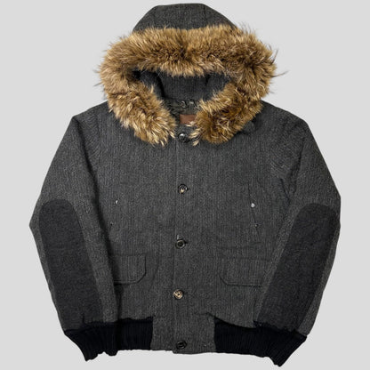 Moncler 00’s Herringbone Wool Down Detachable Fur Jacket - 3 (L) | Default Title, Brown