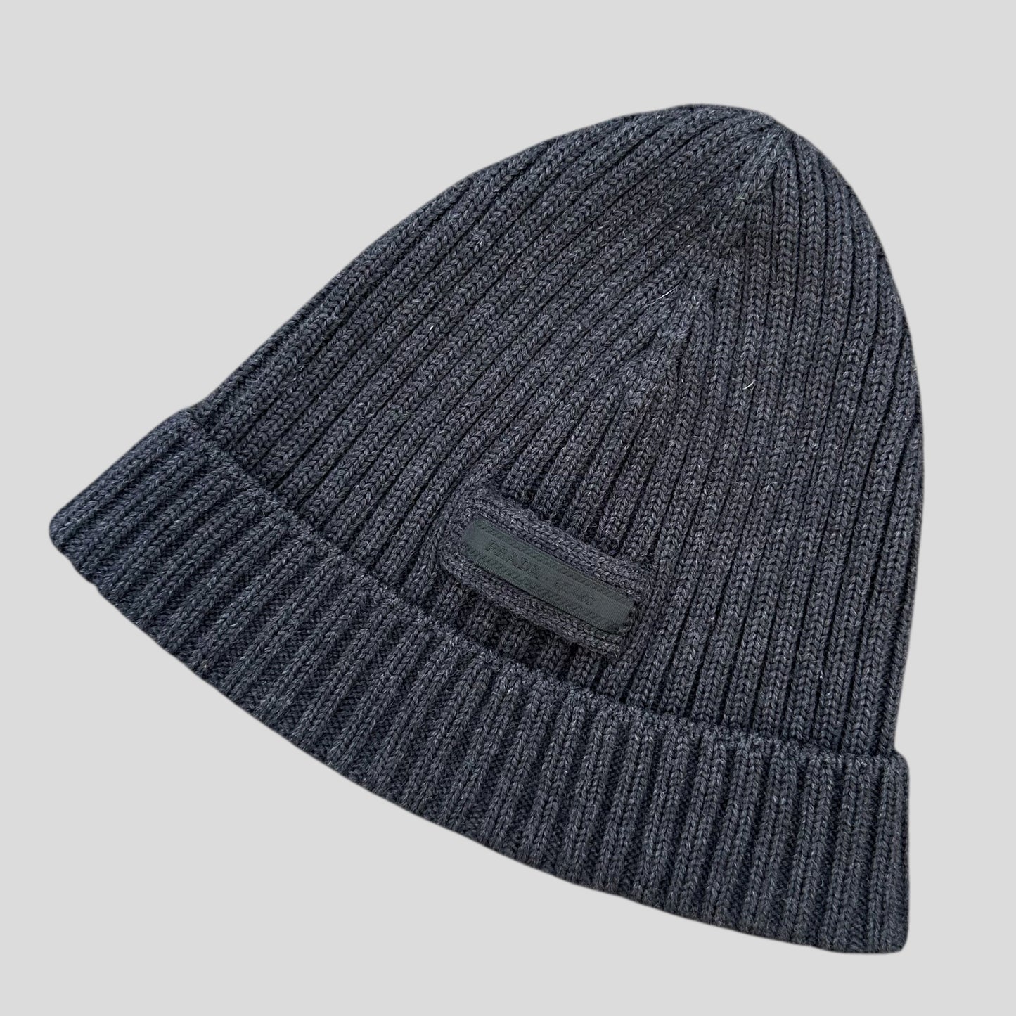 Prada 2020 Virgin Wool Ribbed Logo Beanie - M