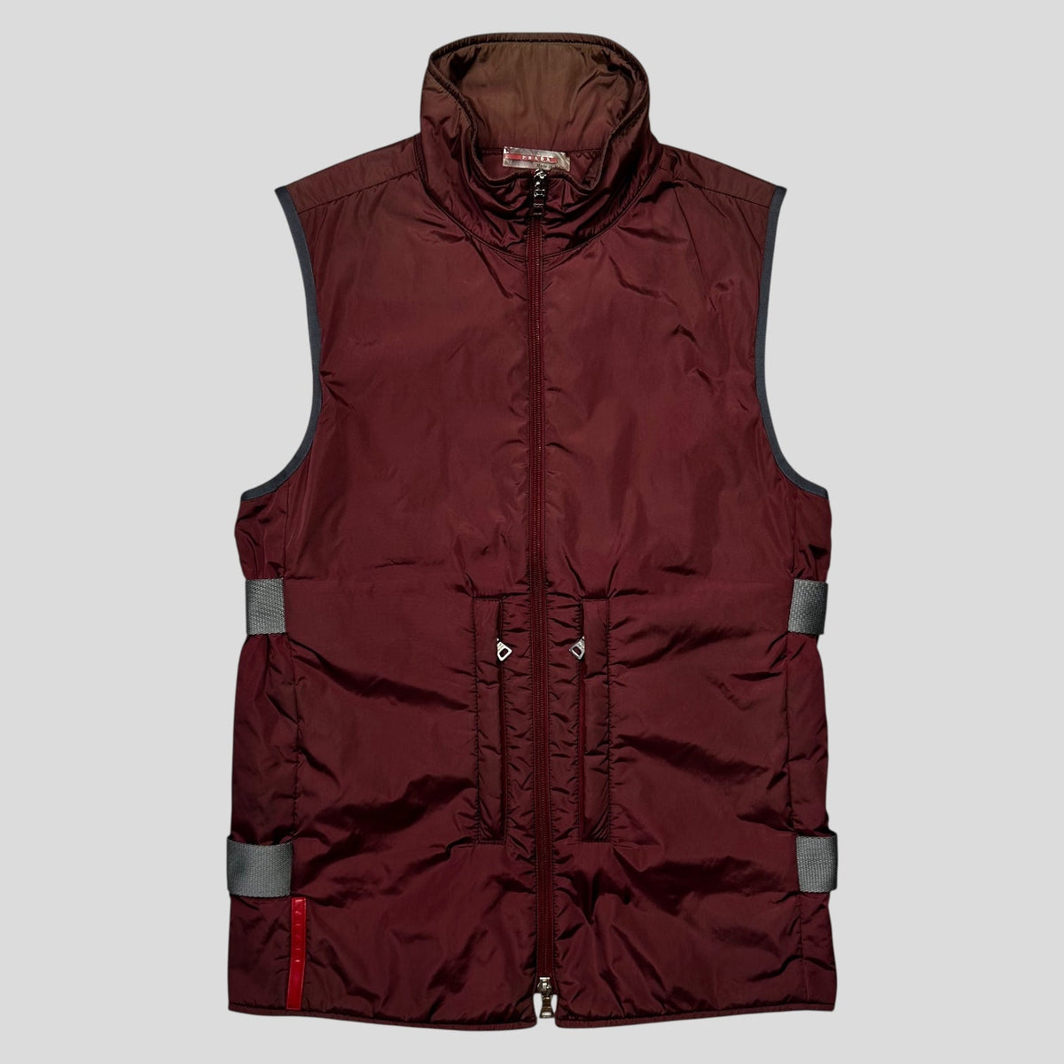 Prada Sport 1999 Nylon Bondage Mesh Padded Gilet - IT48 (S/M) | Small, Burgundy