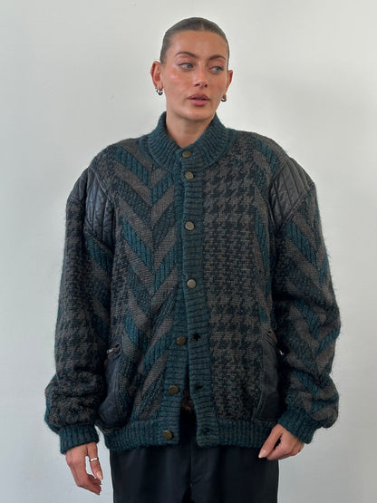Vintage 1990s Wool Print Knit Bomber Jacket - XL