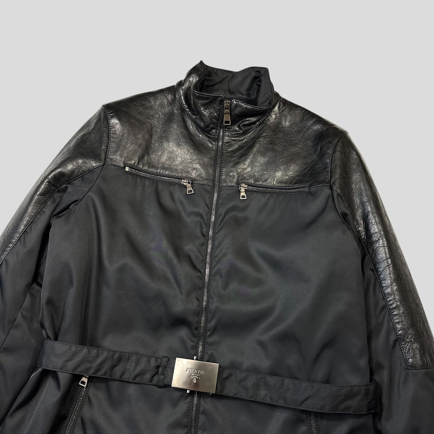 Prada Milano 2011 Gabardine Nylon Leather Jacket + Belt - M | Default Title, Black