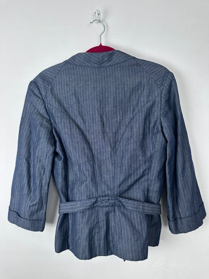 A blue pinstriped long-sleeve jacket or blazer with a matching waist tie belt, shown from the back on a white hanger against a plain white background.