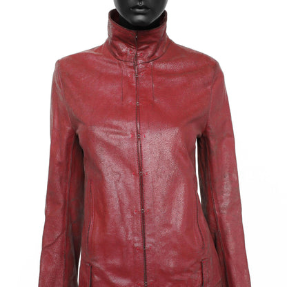 Ann Demeulemeester FW 2001 leather jacket and skirt set covered in red paint which cracks and wears over time. Size FR 40 / UK 12.
