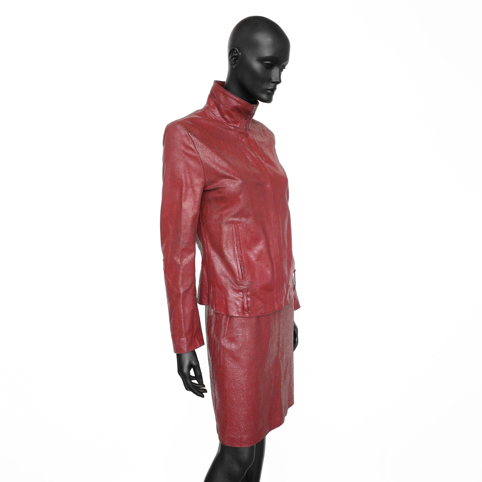 Ann Demeulemeester FW 2001 leather jacket and skirt set covered in red paint which cracks and wears over time. Size FR 40 / UK 12.