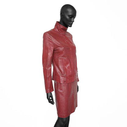 Ann Demeulemeester FW 2001 leather jacket and skirt set covered in red paint which cracks and wears over time. Size FR 40 / UK 12.