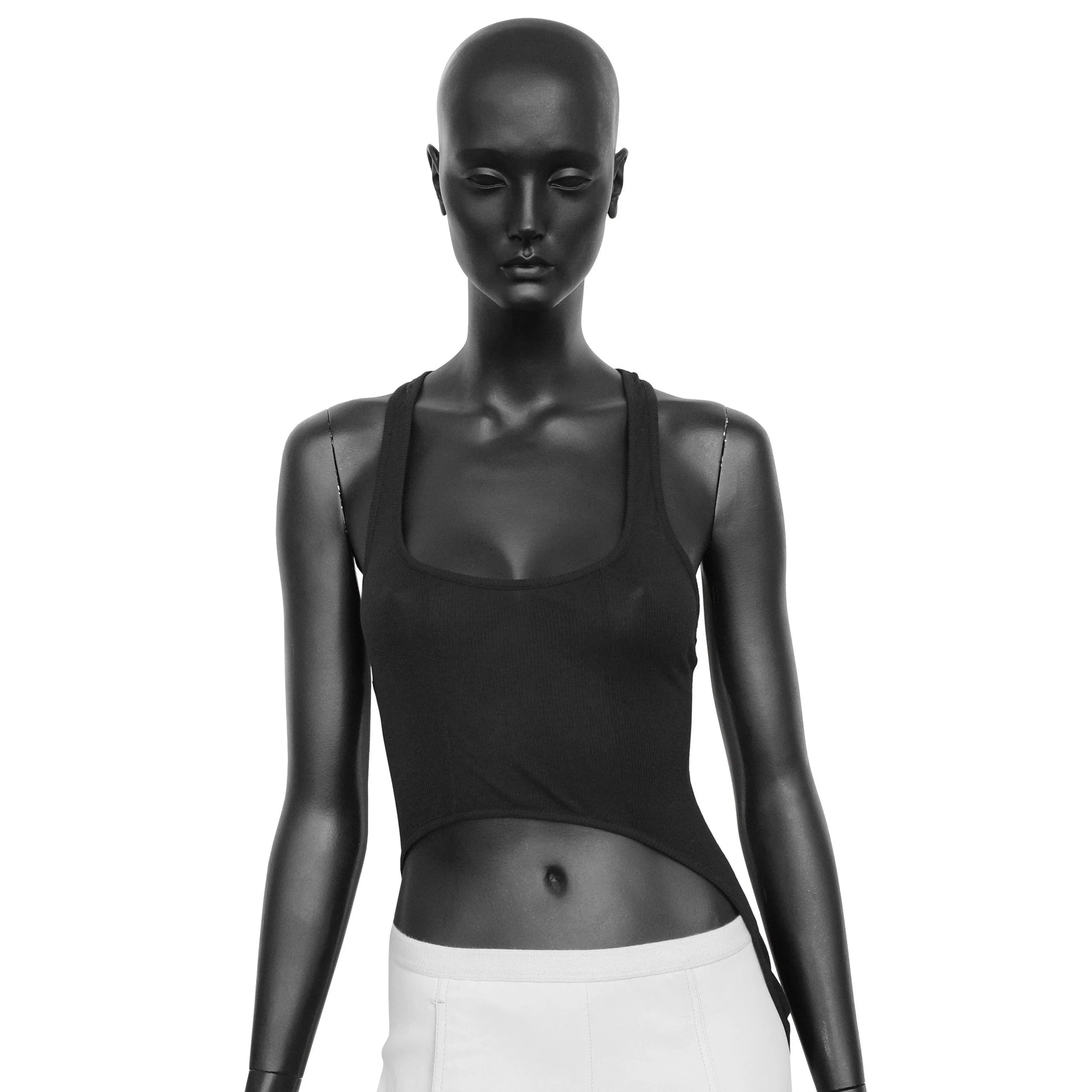 Ann Demeulemeester 2000s rib knit tank top with an asymmetric hem and racerback. Size FR 36 / UK 8. Available at Artefact Archive.