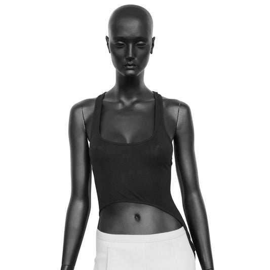 Ann Demeulemeester 2000s rib knit tank top with an asymmetric hem and racerback. Size FR 36 / UK 8. Available at Artefact Archive.