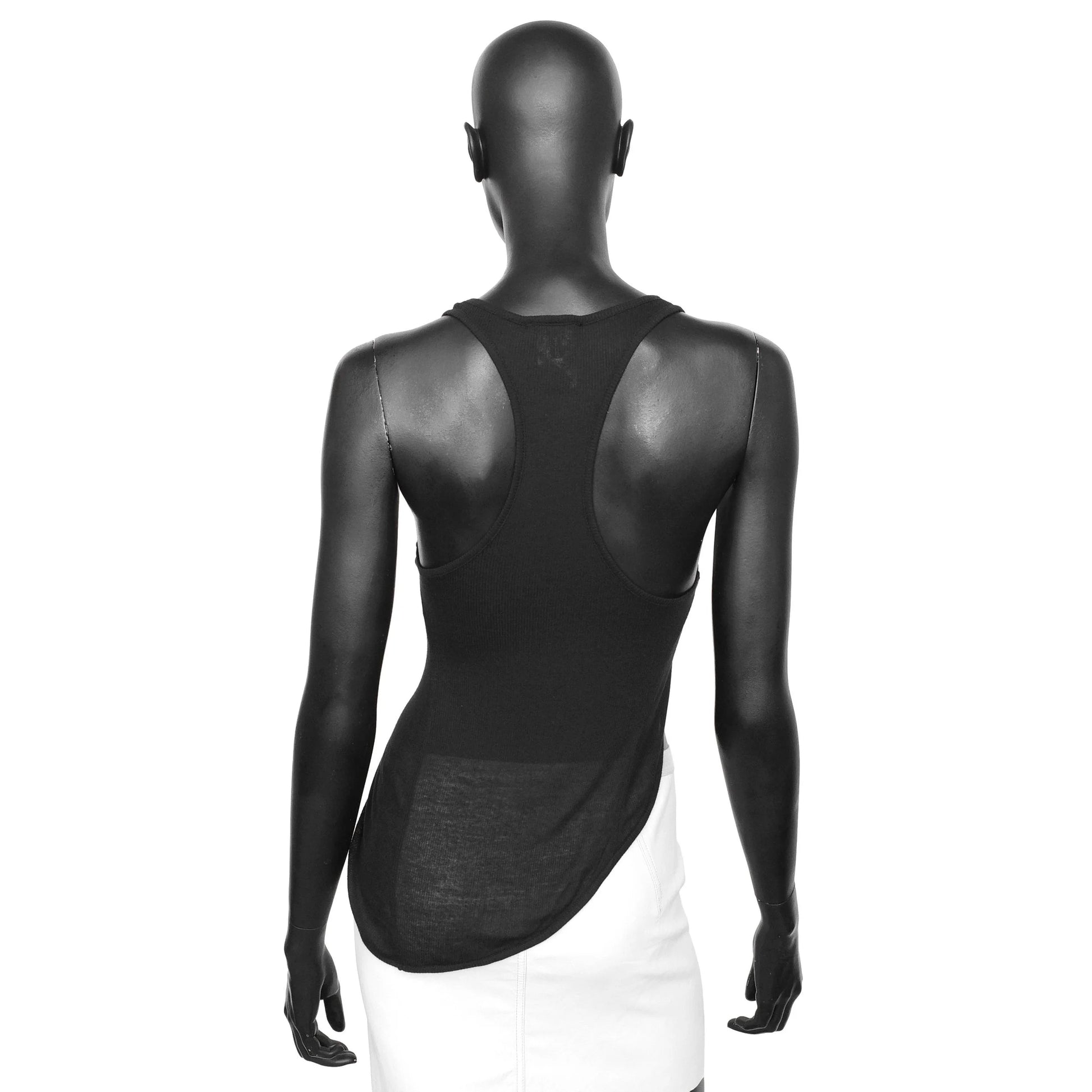 Ann Demeulemeester 2000s rib knit tank top with an asymmetric hem and racerback. Size FR 36 / UK 8. Available at Artefact Archive.