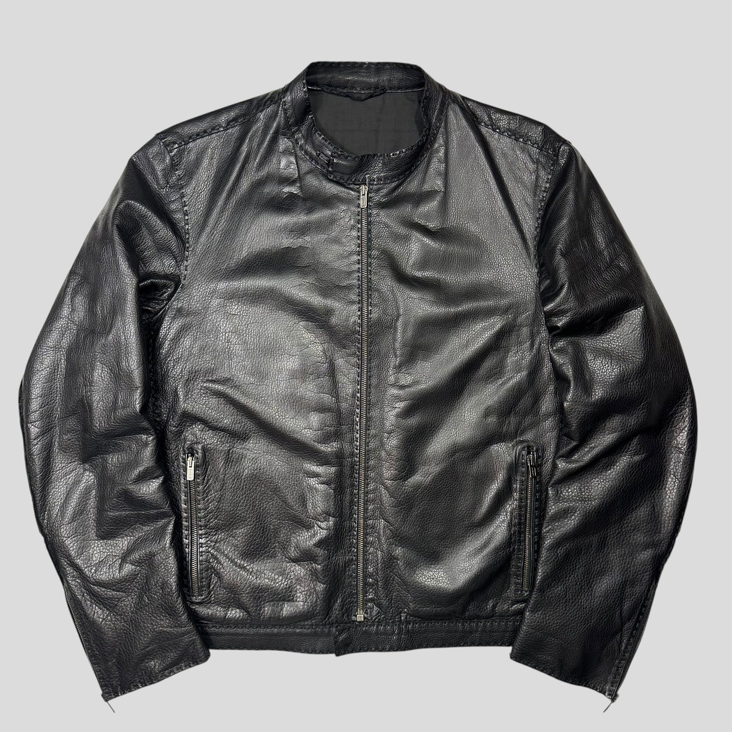 Fendi FF Textured Leather Exaggerated Stitch Moto Jacket - L