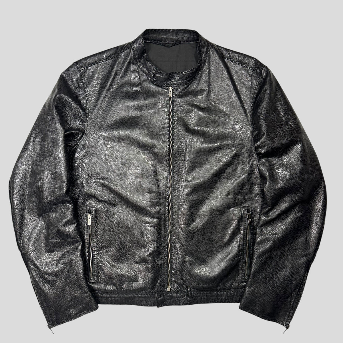 Fendi FF Textured Leather Exaggerated Stitch Moto Jacket - L | Black