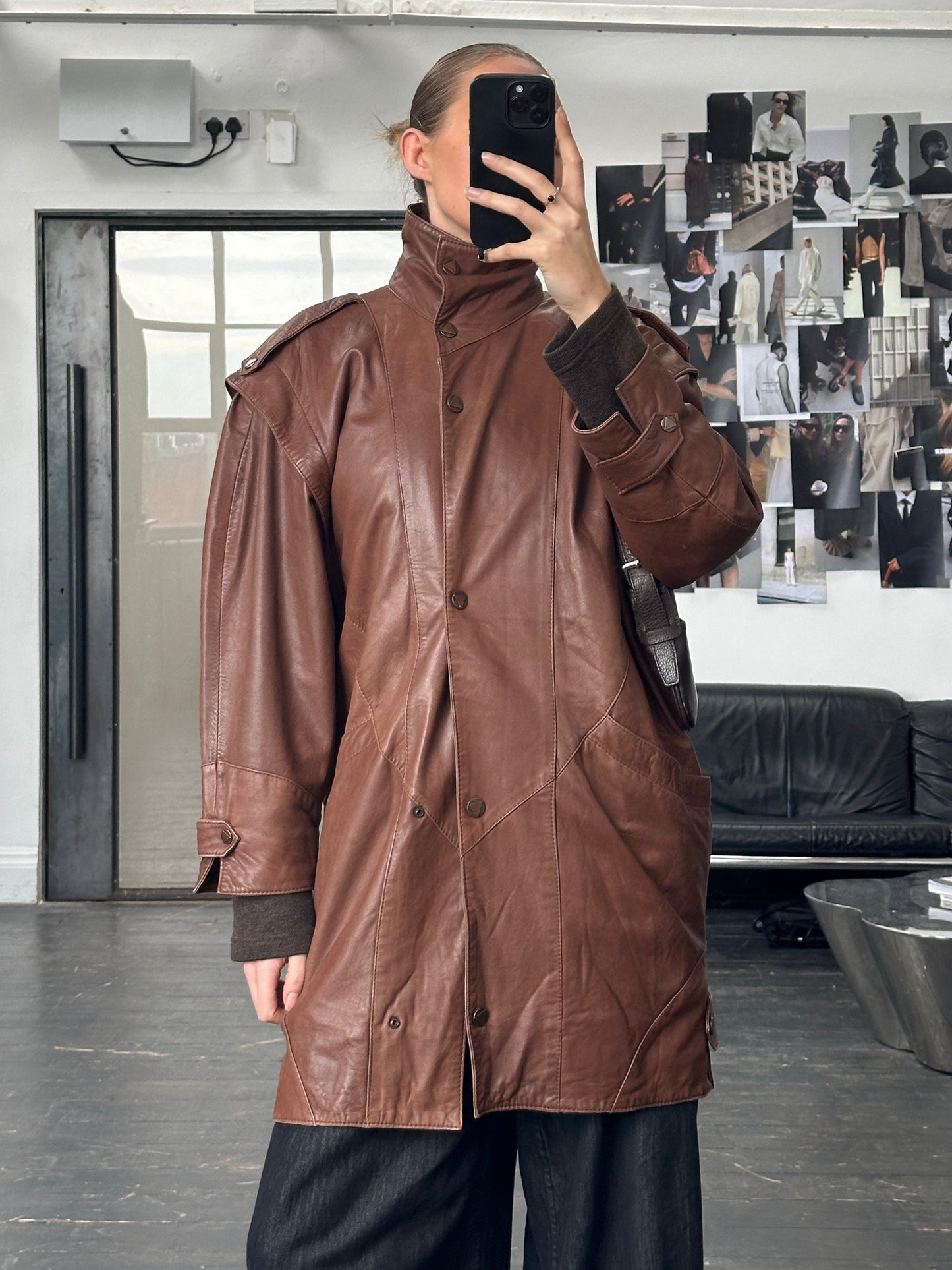 Vintage 1990s Leather High Neck Trench Coat - L