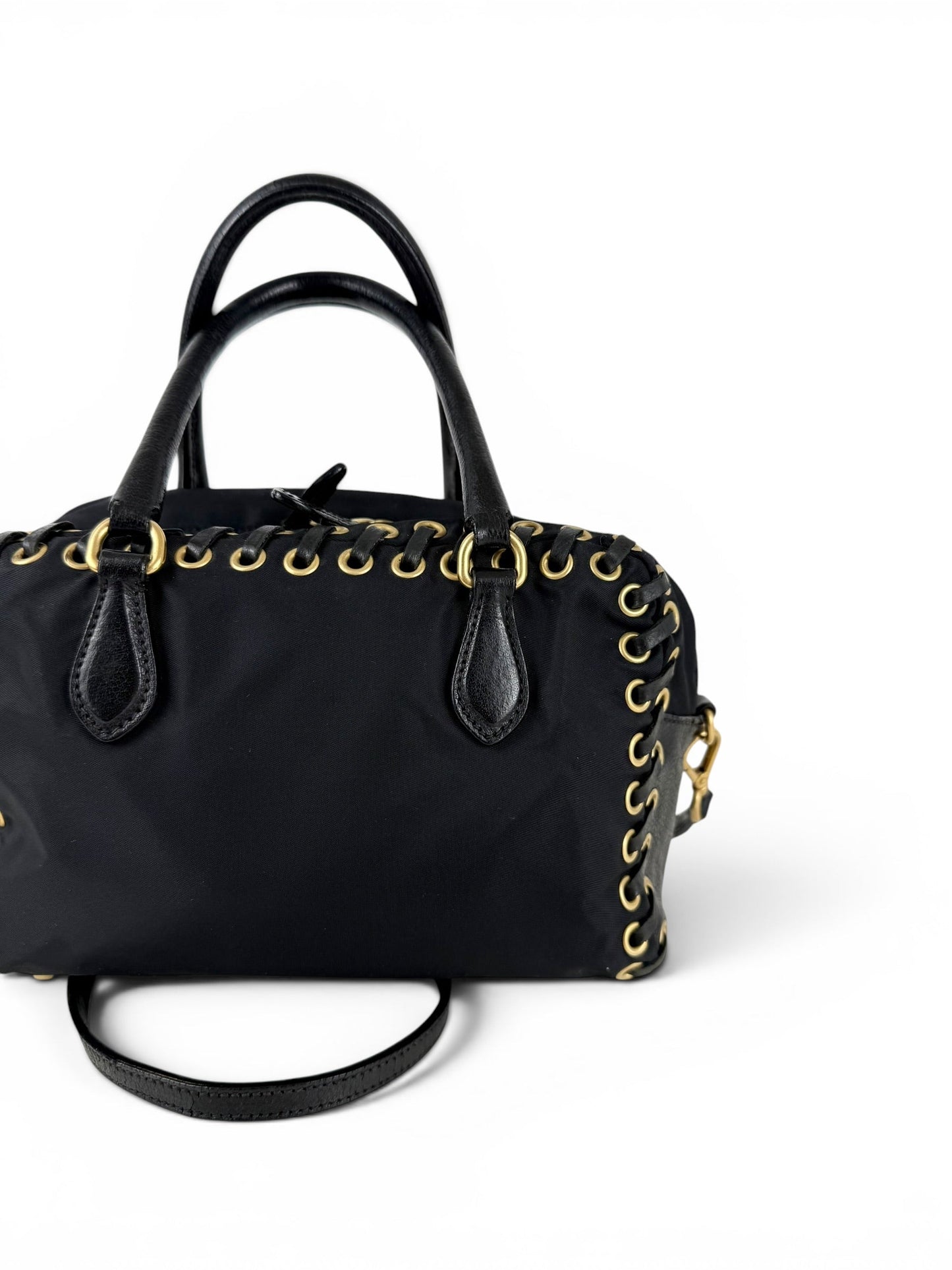 2000s RARE Prada Nylon Grommet Stitch 2Way Handbag | O/S, Black
