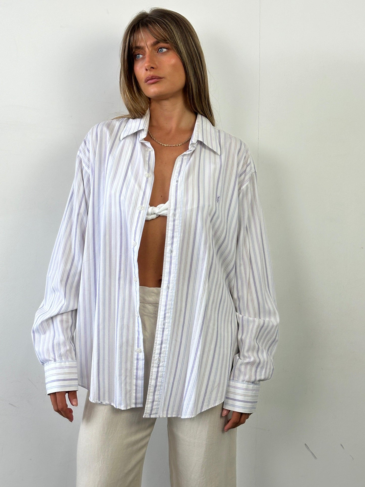 Yves Saint Laurent Stripe Pure Cotton Logo Shirt - XL - Known Source