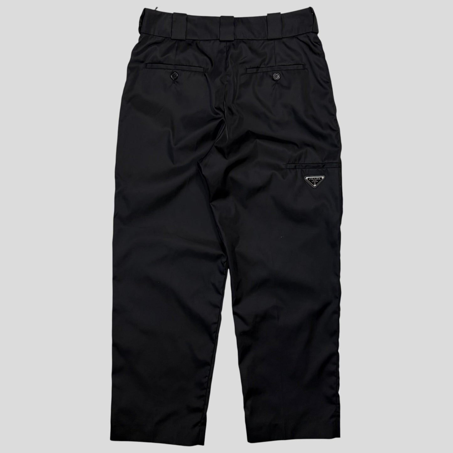 Prada Milano 2018 Black Nylon Gabardine Triangle Logo Trousers - IT40 | O/S, Black