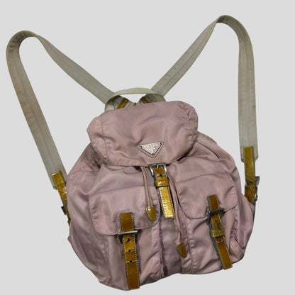 Prada Milano 00’s Triangle Plaque Logo Nylon Pink Backpack | O/S, Gold