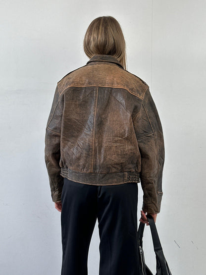 Vintage Distressed Leather Bomber Jacket - M/L - Known Source