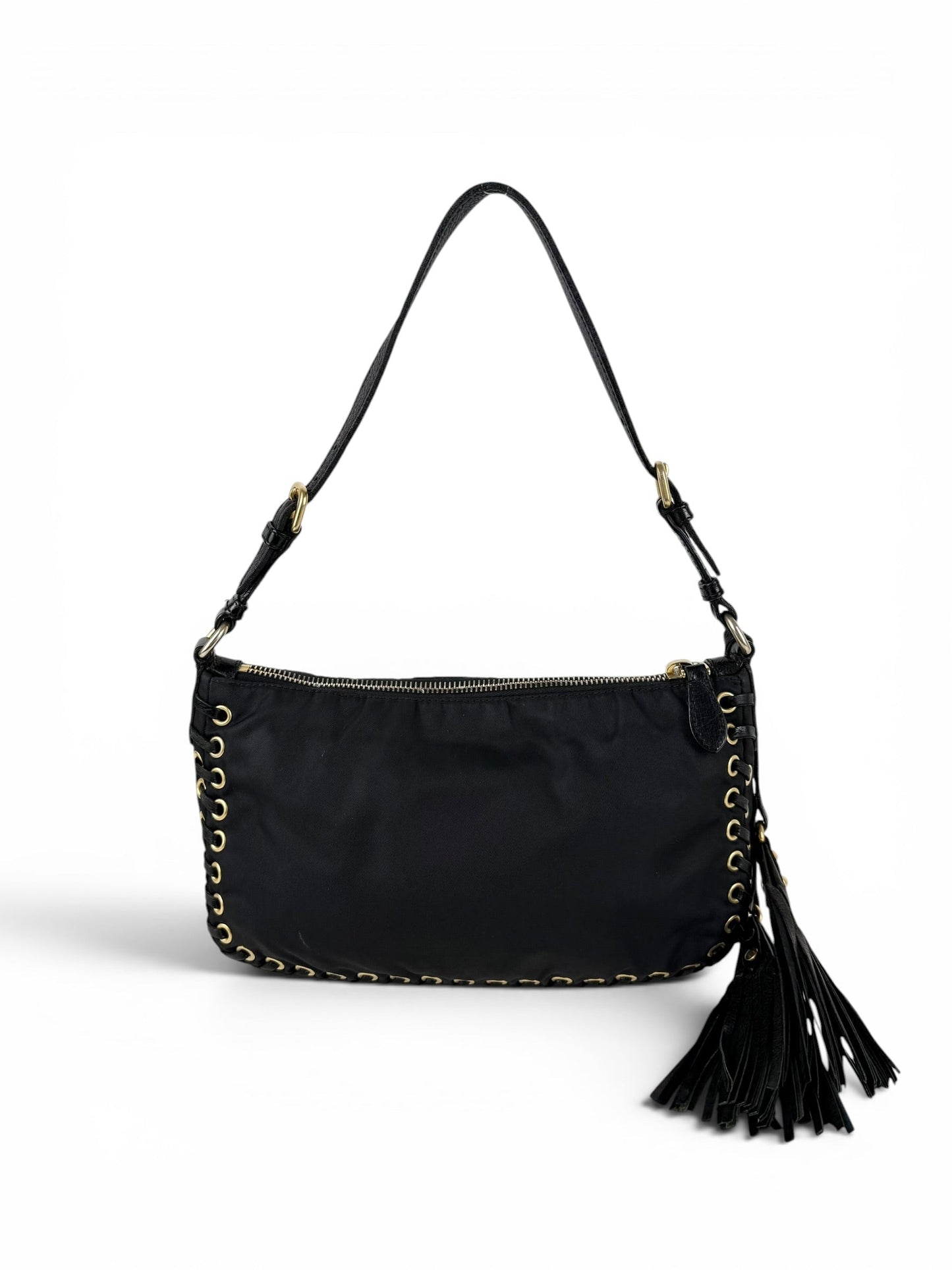 2000s RARE Prada Nylon Grommet Stitch Shoulder Bag | O/S, Black