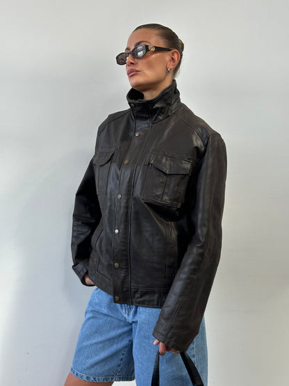 Vintage High Neck Leather Jacket - XL