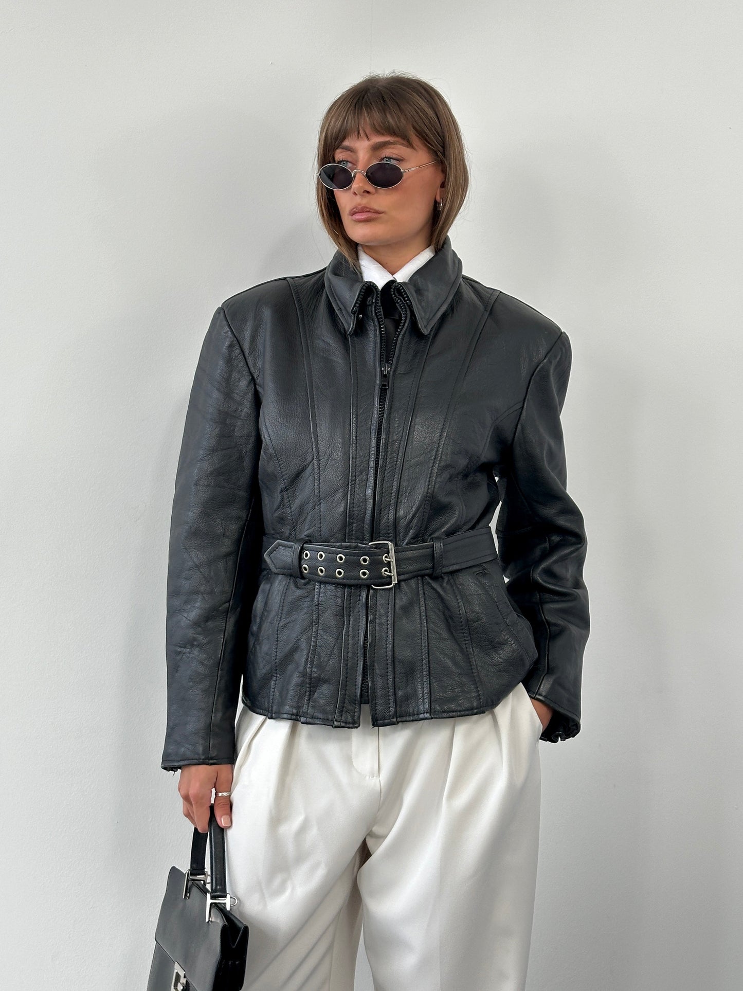 Vintage 1990s High Neck Belted Leather Jacket - M