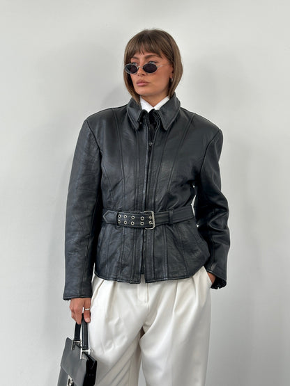 Vintage 1990s High Neck Belted Leather Jacket - M
