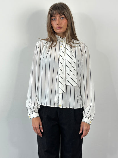 Vintage 1980s Sheer Stripe Tie Neck Shirt - M