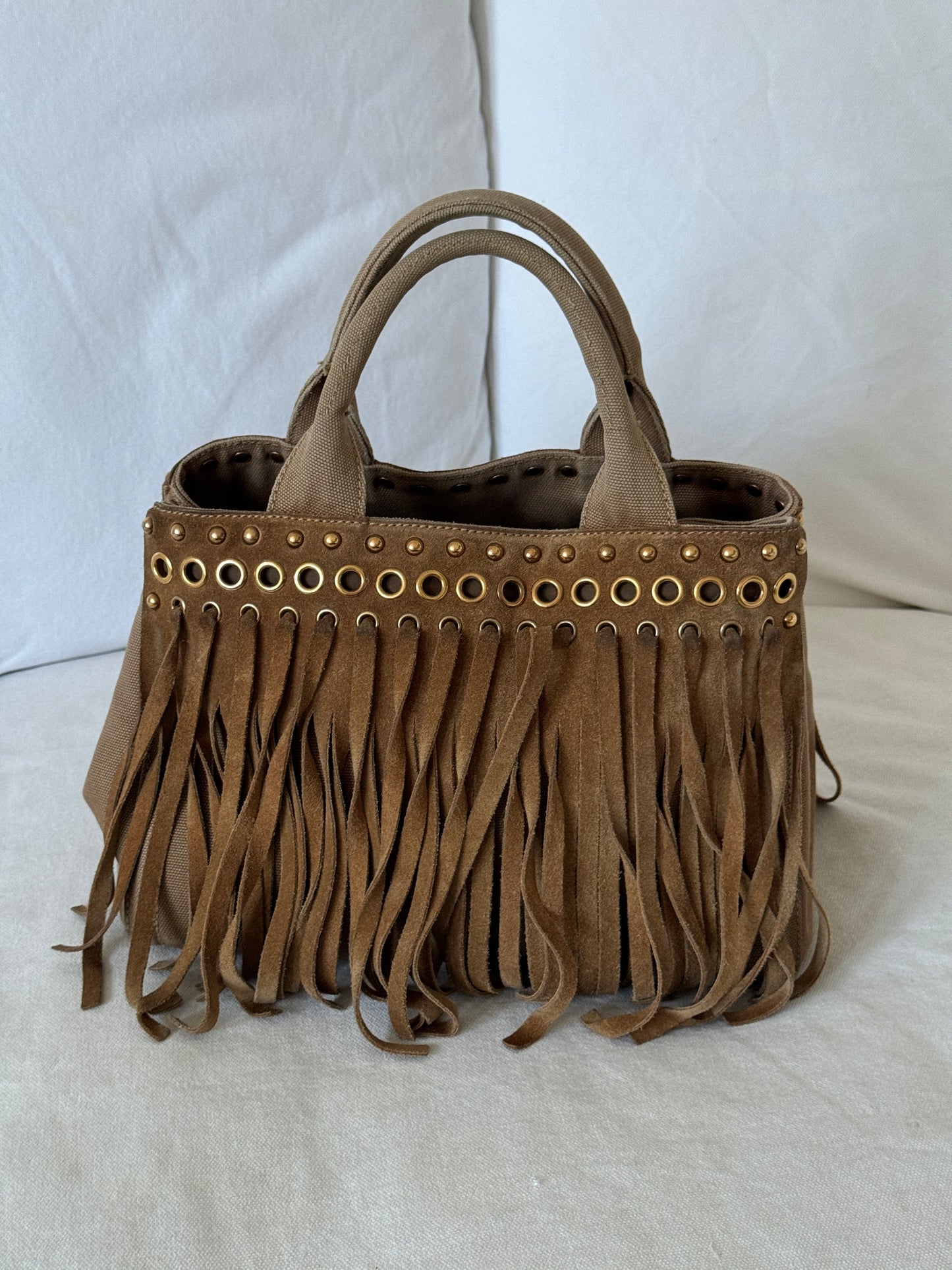RARE 2010s Prada Grommet Suede Frill Handbag | O/S, Brown