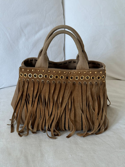 RARE 2010s Prada Grommet Suede Frill Handbag | O/S, Brown