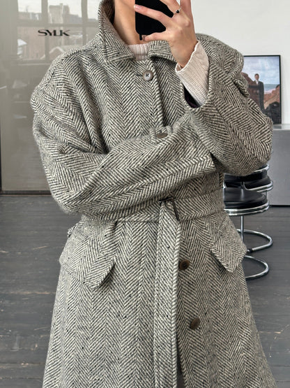 Valentino 1990s Pure Wool Herringbone Belted Coat - XL/XXL