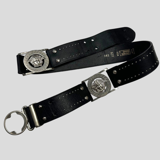 Gianni Versace 90’s Studded Metal Medusa Leather Belt | O/S, Black