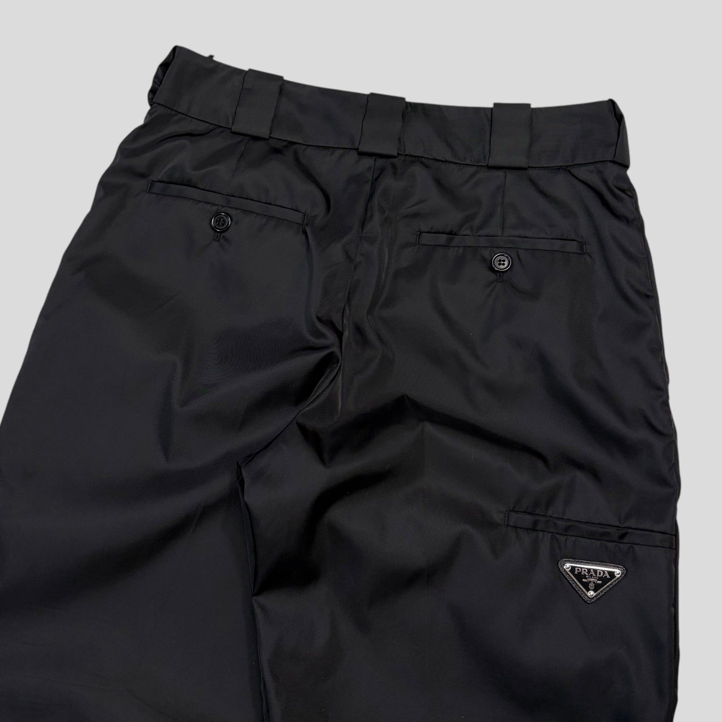 Prada Milano 2018 Black Nylon Gabardine Triangle Logo Trousers - IT40 | O/S, Black