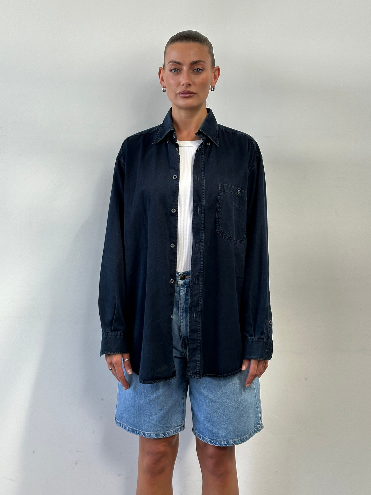 Armani Jeans 1990s pure cotton denim logo shirt in XL, featuring a classic button-up design with embroidered branding.