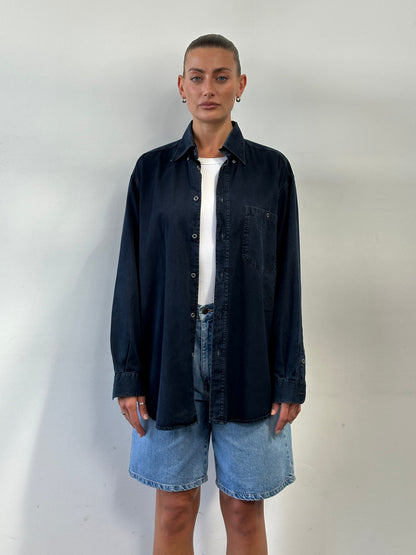 Armani Jeans 1990s pure cotton denim logo shirt in XL, featuring a classic button-up design with embroidered branding.