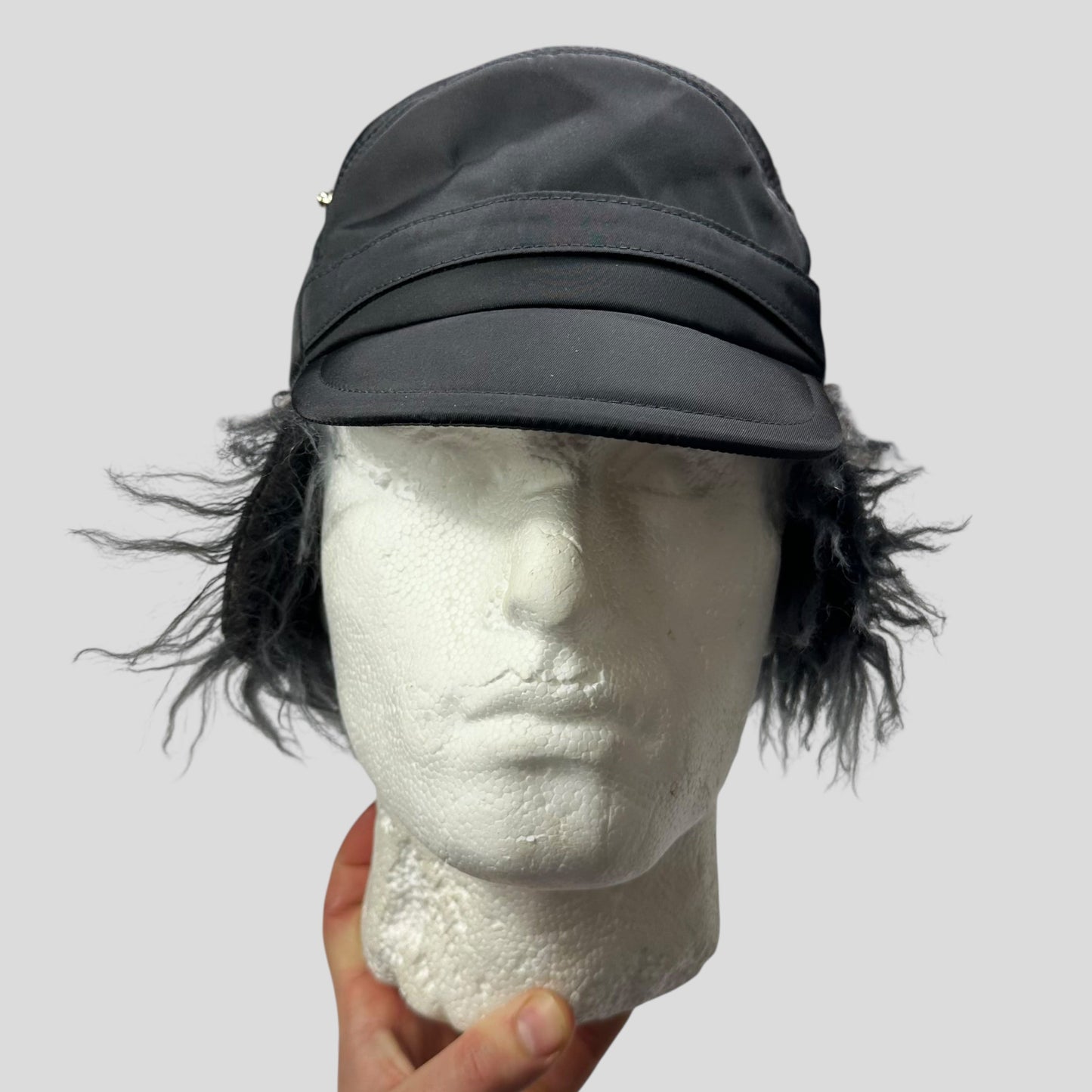 Prada Milano FW19 Mohair & Wool Triangle Logo Nylon Trapper Hat - S/M | O/S, Black