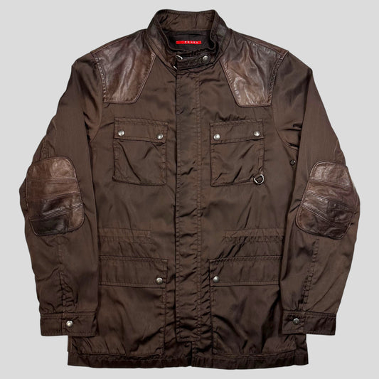 Prada Sport 2008 Nylon & Leather Hybrid Moto Field Jacket - IT54 (L) | Default Title, Brown