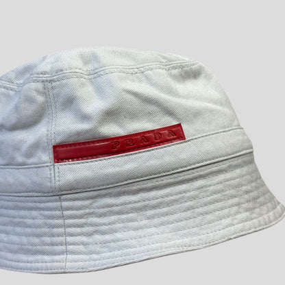 Prada Sport 1999 White Cotton Red Rubber Tab Bucket Hat - M | O/S, Red
