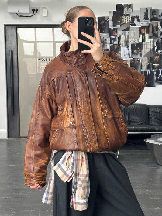 Vintage 1990s Aged Leather Bomber Jacket - XL