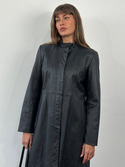 Vintage 1990s High Neck Leather Trench Coat - M