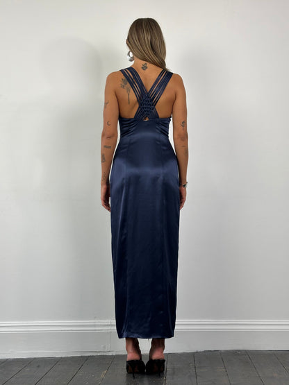 Vintage Cross Back Satin Maxi Dress - S