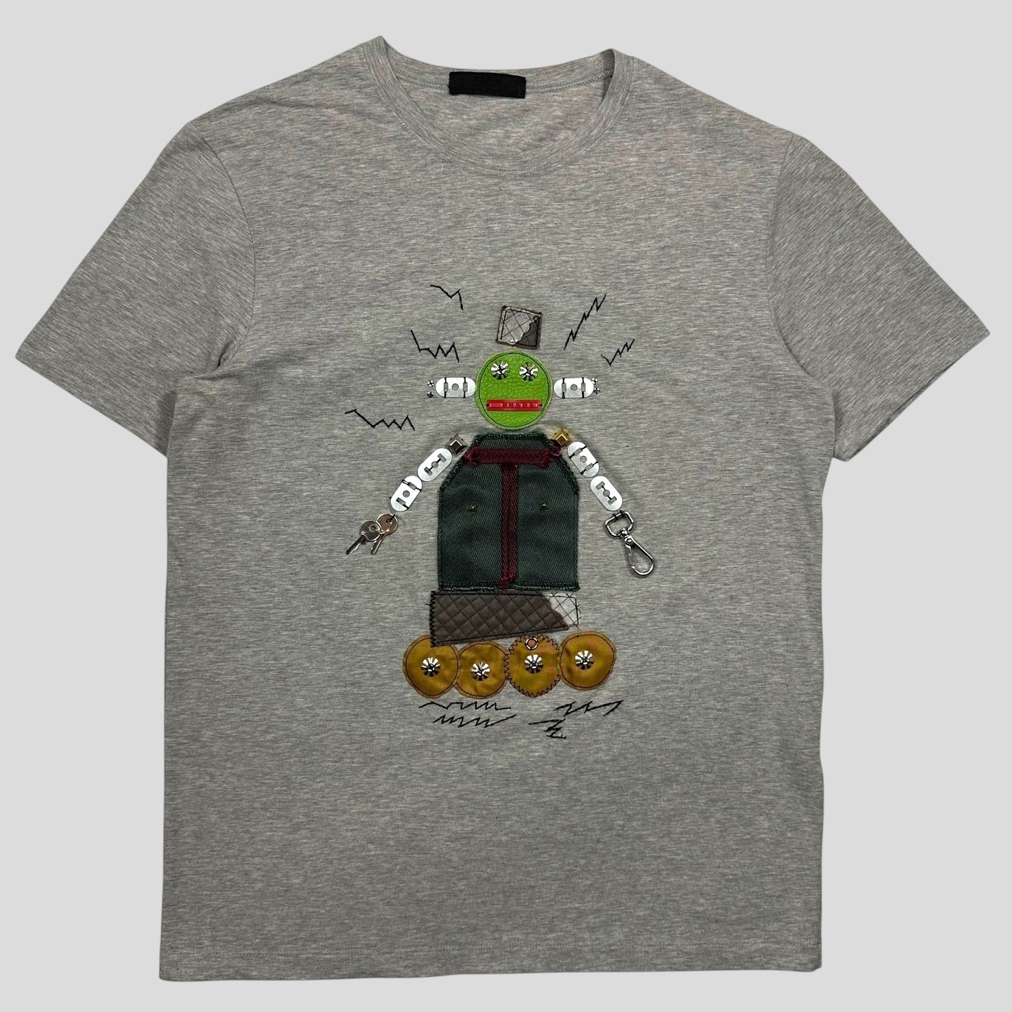 Prada FW04 Robot Logo Leather and Carabiner Appliqué T-shirt - S