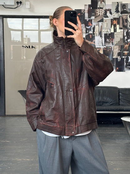 Vintage 1990s Funnel Neck Aged Leather Bomber Jacket - XL