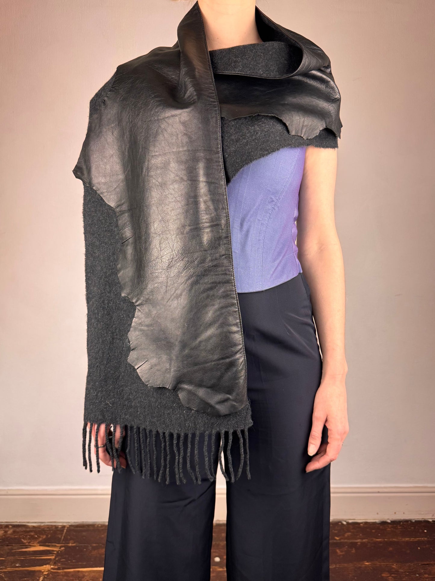 Jean Paul Gaultier leather wool scarf | O/S, Black