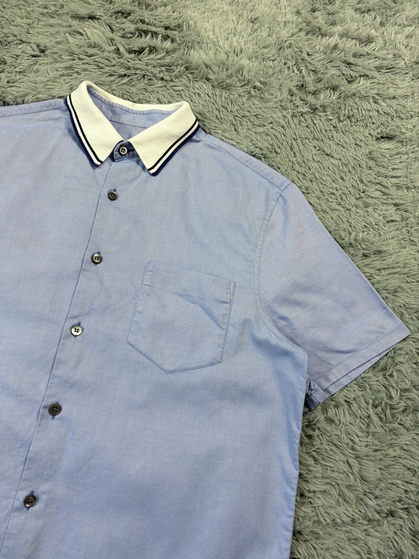 Prada 2015 Lavender Blue Textured Contrast Collar Shirt - M/L | O/S, Multicoloured