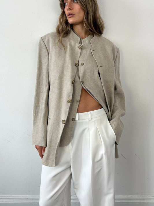 Vintage Pure Linen Two Two Blazer Waistcoat Suit Set - XL